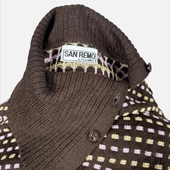 VTG San Remo Dark Brown Heritage Checkered Sweater Shawl Button Collar L - Picture 9 of 15